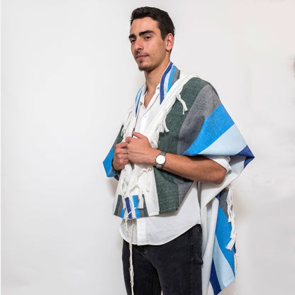 Emanuel - Wool Tallit - Wide Stripes in shades of Blue