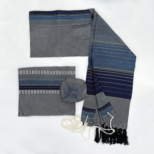 Ella - Silk Tallit- Blues with Gold on Gray