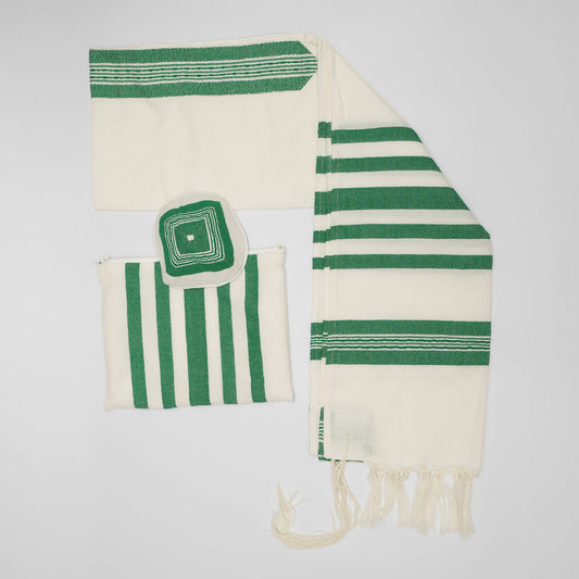 David - Wool Tallit - Wide Green stripes with Silver