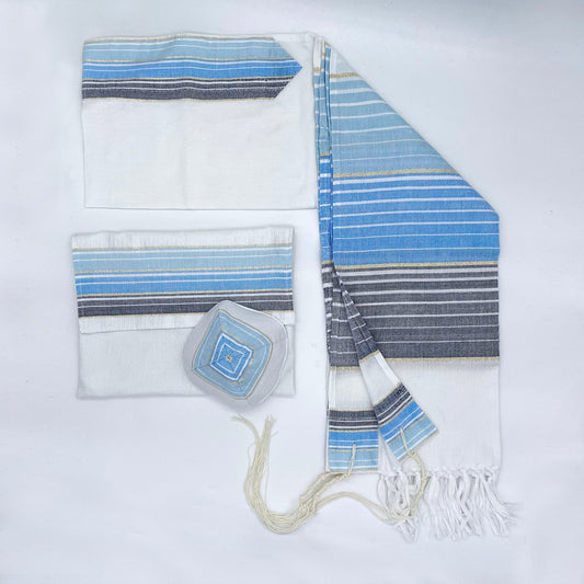 Ella - Silk Tallit  - Shades of Blue with Gold on White