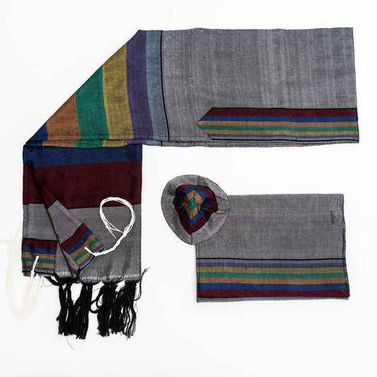 Esther - Silk Tallit - Rainbow Stripes on Gray