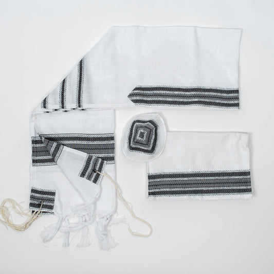 Adam - Silk Tallit - Greys and Silver on White