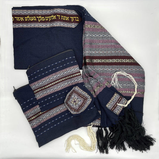 Gabrieli Premium - Wool Tallit - Lilac Purple, White, Bordeaux and Gold on Dark Blue