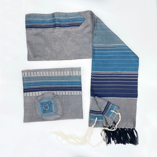 Ella - Silk Tallit- Blues with Silver on Gray