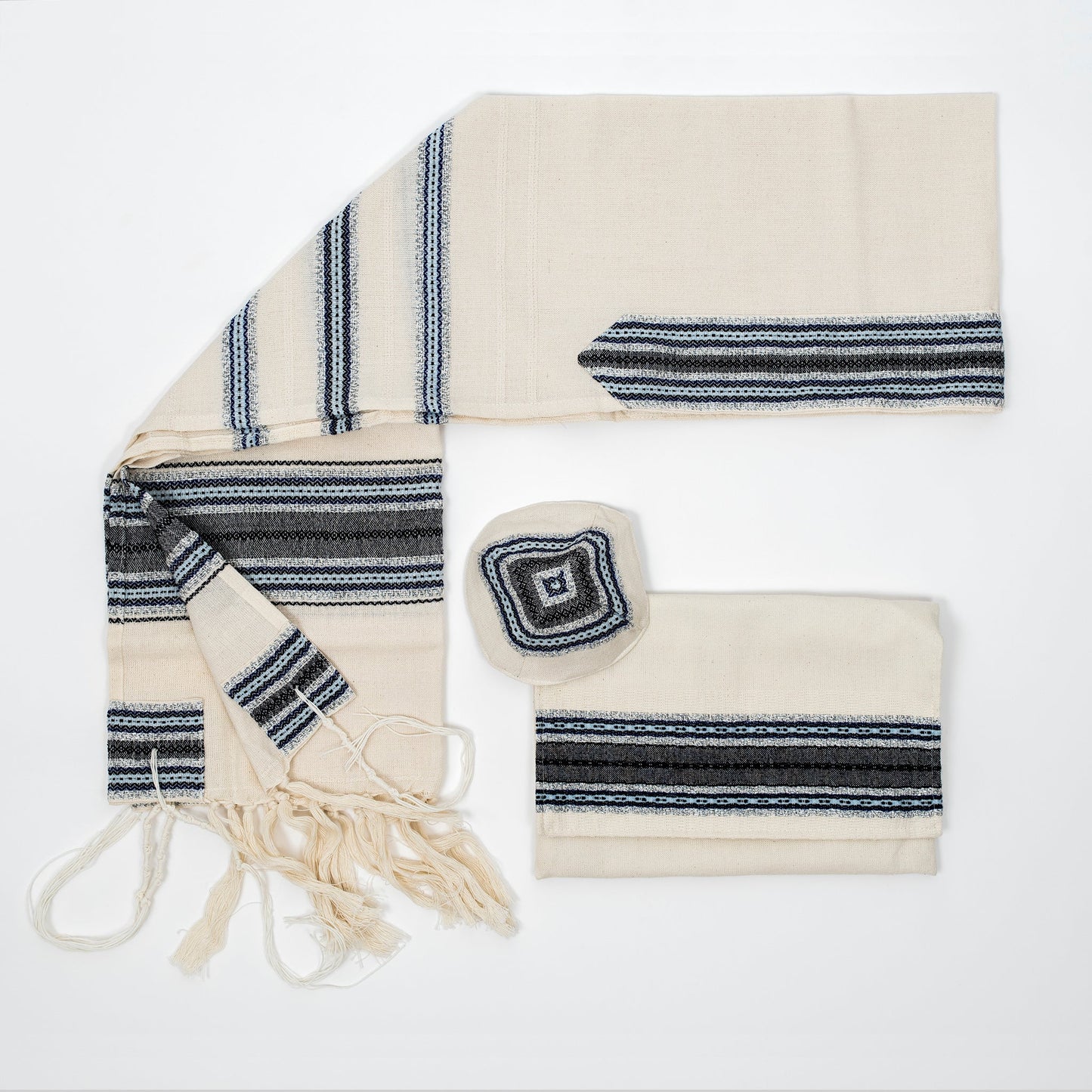 Adam - Cotton Tallit - Blues and Silver on Off-White