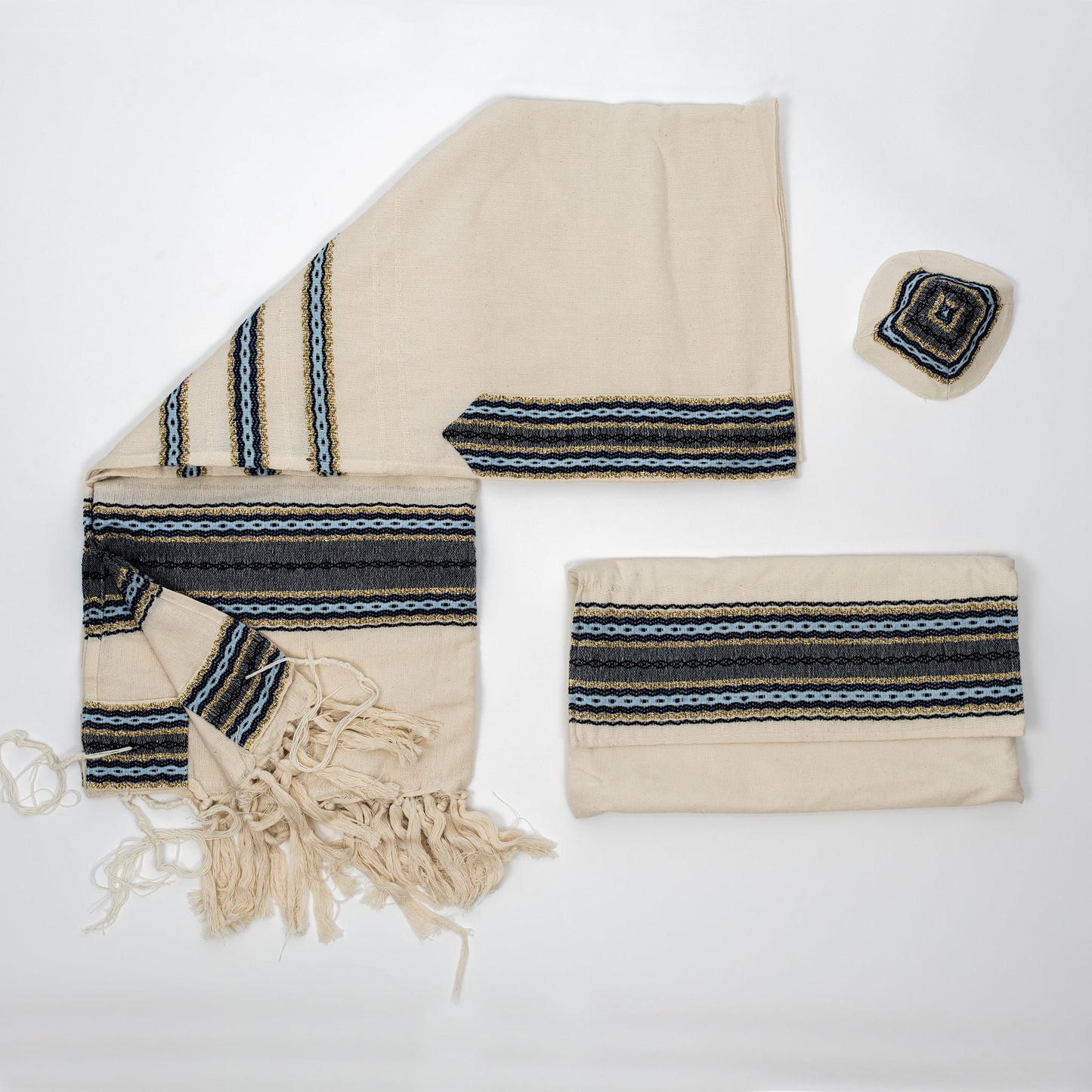 Adam - Cotton Tallit - Blues and Gold on Off-White