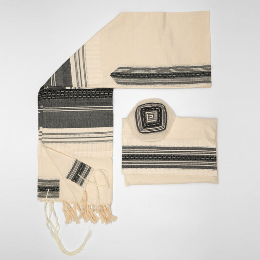 Elia - Cotton Tallit - Black with Silver on Off-White