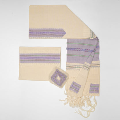 Elia - Silk Tallit - Lilac with Green, Bordeaux and silver on Off-White