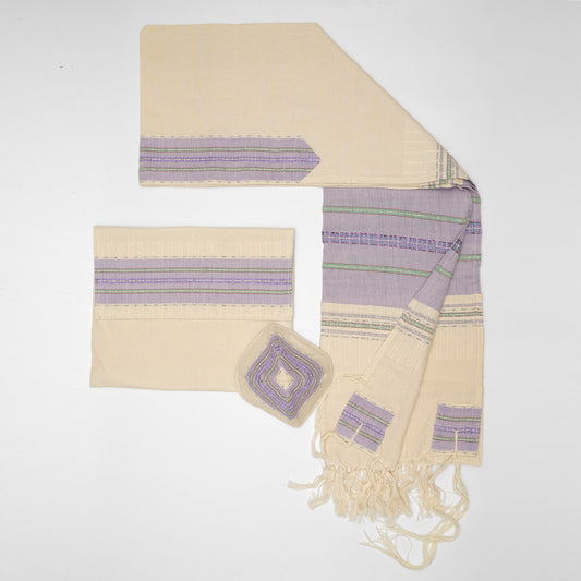 Elia - Silk Tallit - Lilac with Green, Bordeaux and silver on Off-White