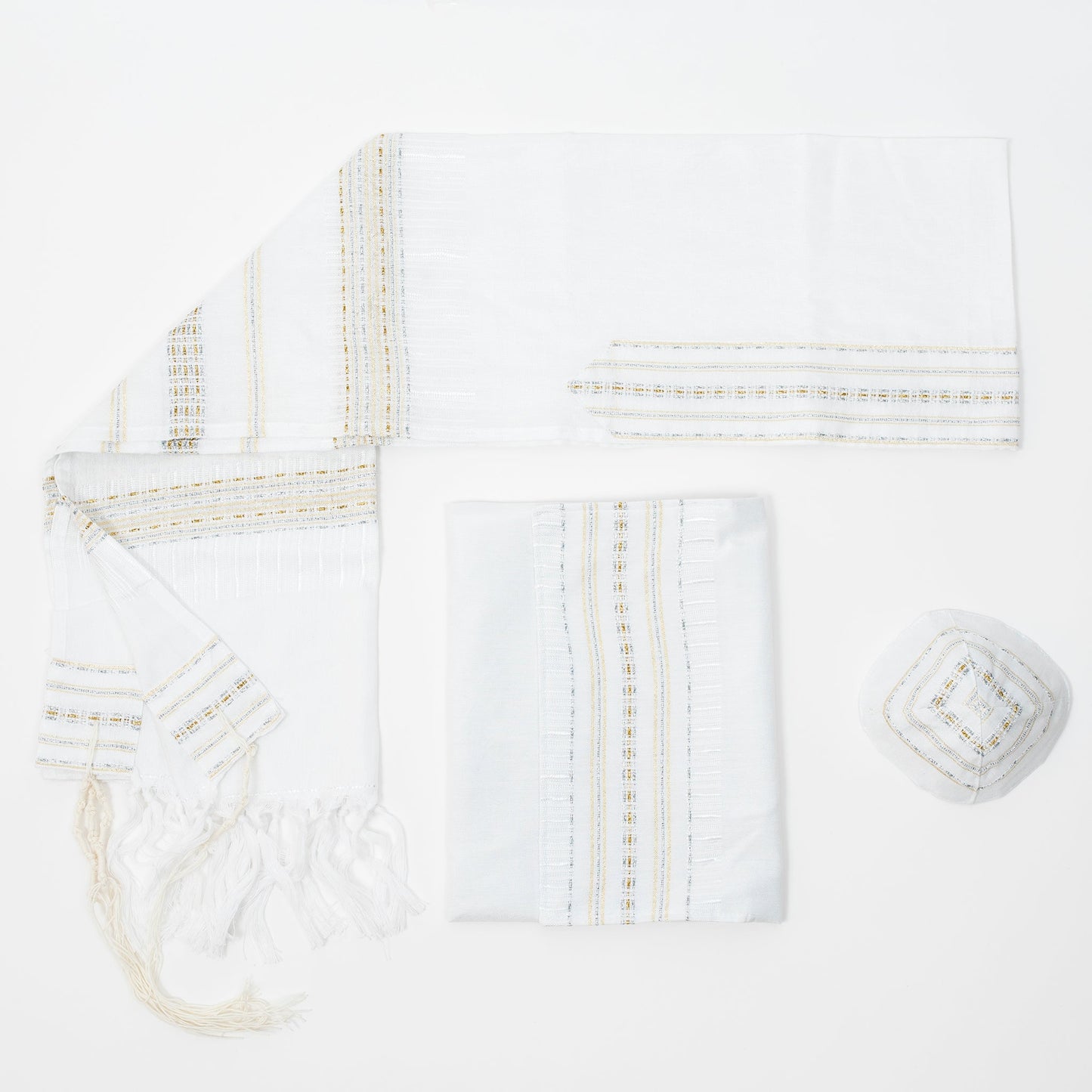 Elia - Silk Tallit - Gold and Silver on White