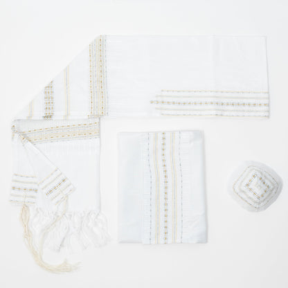 Elia - Silk Tallit - Gold and Silver on White
