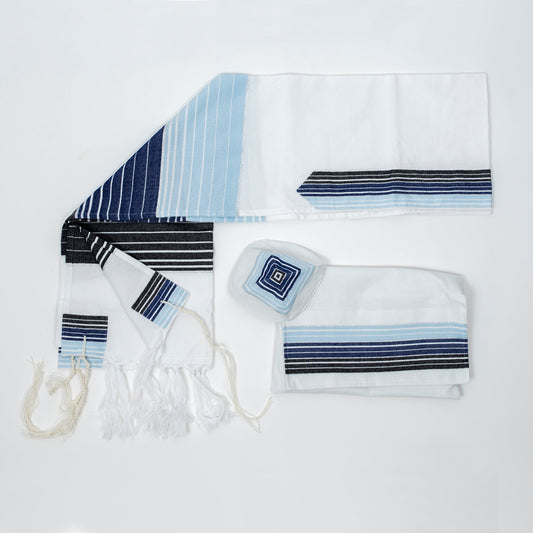 Ella - Cotton Tallit - Blue and Black Stripes with Silver on White